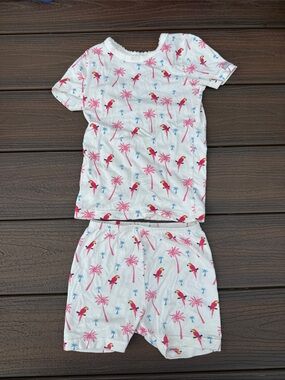 Coccoli White Short Pajama Set with Pink Palms & Red Parrots